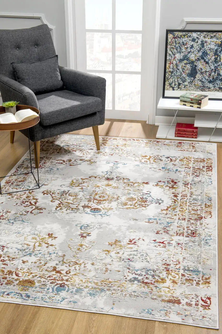Gray and Beige Distressed Ornate Area Rug Photo 12