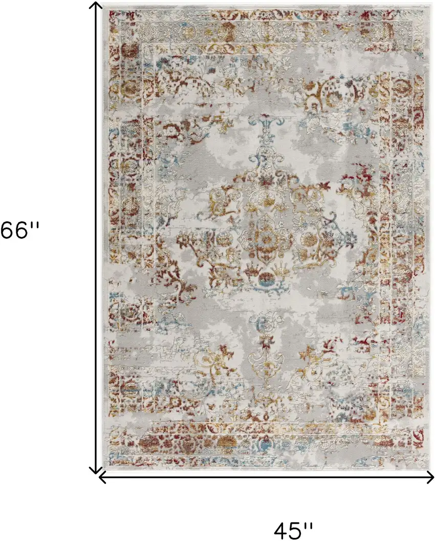 Gray And Beige Distressed Ornate Area Rug Photo 3