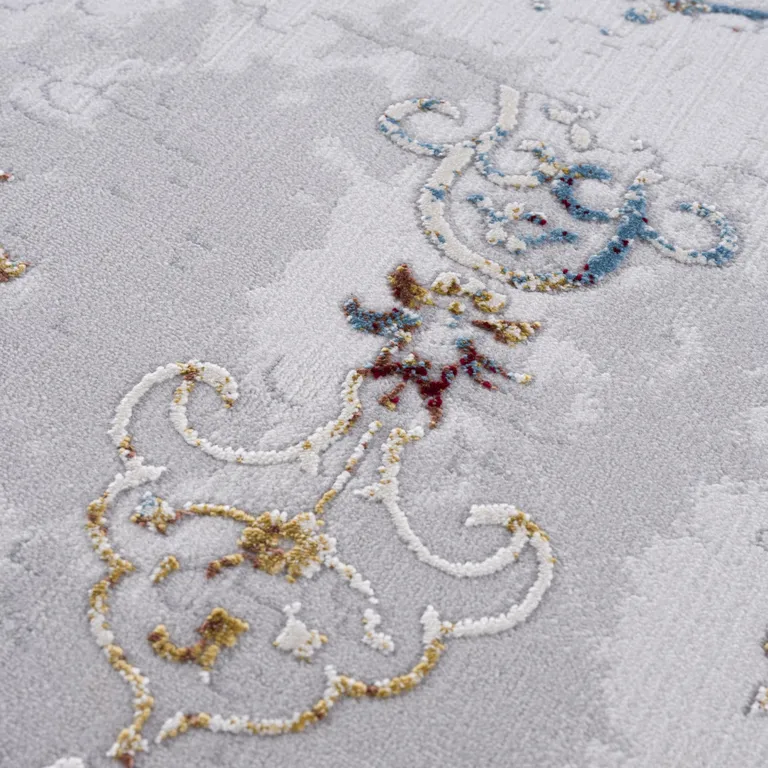 Gray and Beige Distressed Ornate Area Rug Photo 5