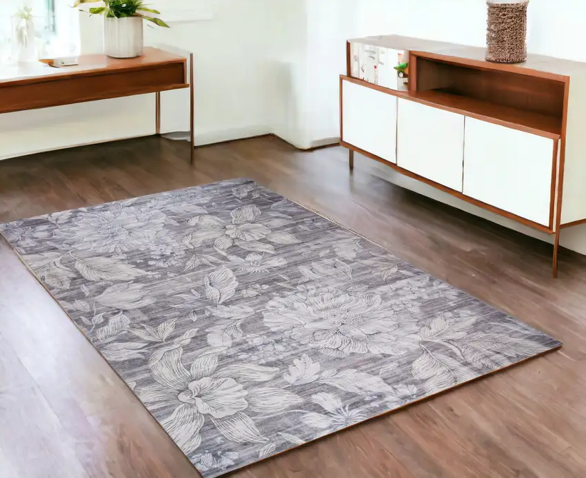 Gray and Beige Floral Area Rug Photo 1