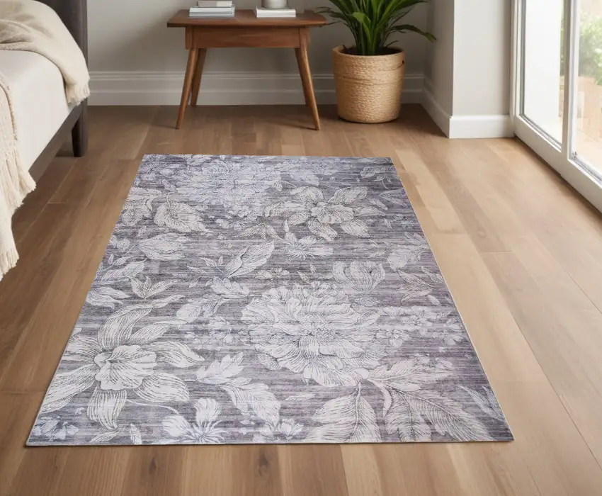 Gray and Beige Floral Area Rug Photo 1