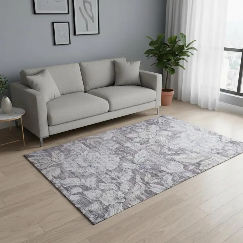 Gray and Beige Floral Area Rug Photo 1