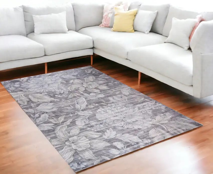 Gray and Beige Floral Area Rug Photo 1