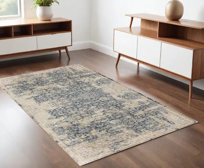 Gray and Beige Floral Area Rug Photo 1