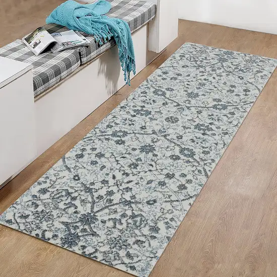 Gray and Beige Floral Power Loom Runner Rug Photo 5