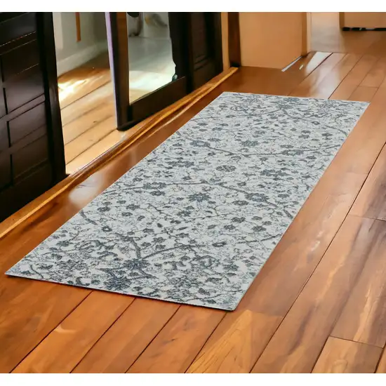 Gray and Beige Floral Power Loom Runner Rug Photo 1
