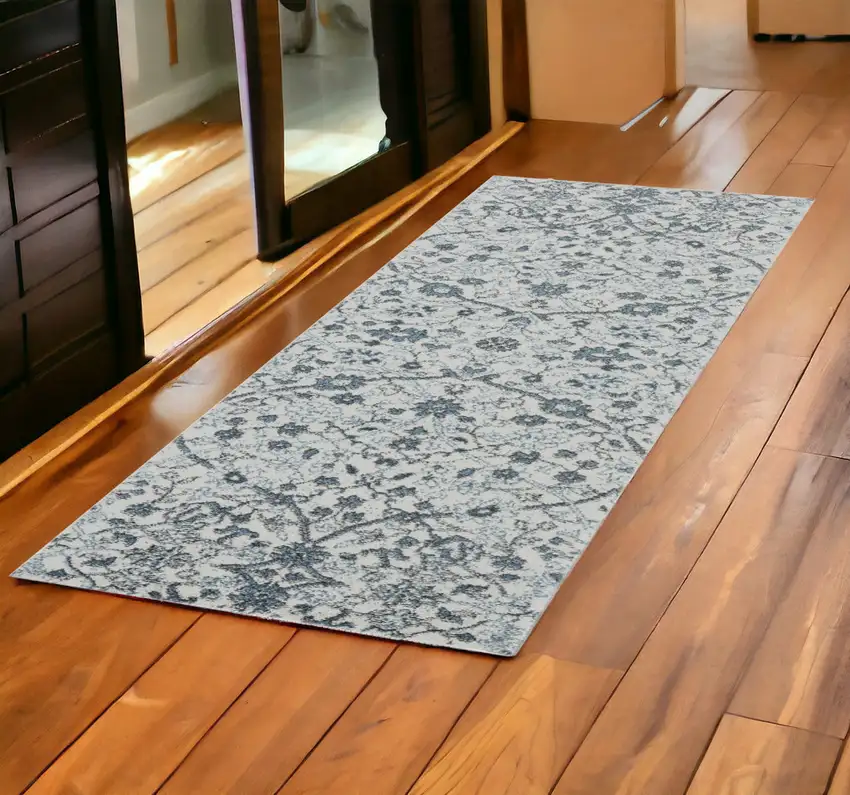 Gray and Beige Floral Power Loom Runner Rug Photo 1
