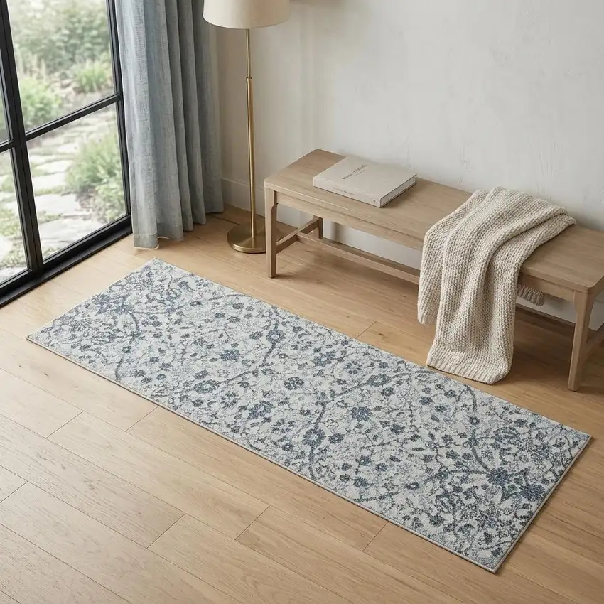 6' Charcoal and Gray Floral Power Loom Runner Rug Photo 1