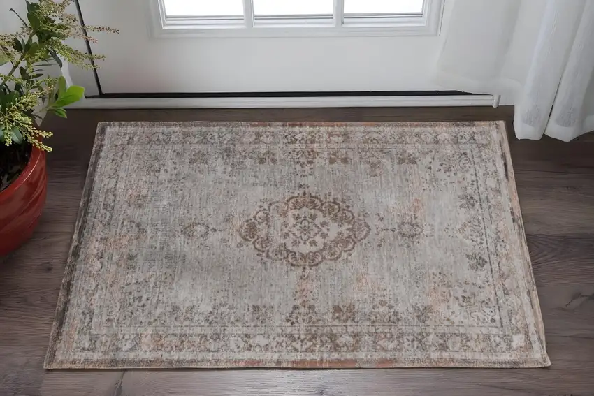 Gray and Beige Medallion Non Skid Area Rug Photo 1