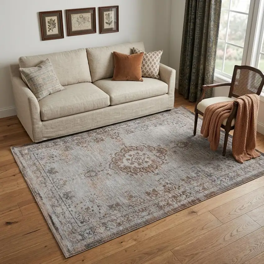 Gray and Beige Medallion Non Skid Area Rug Photo 1