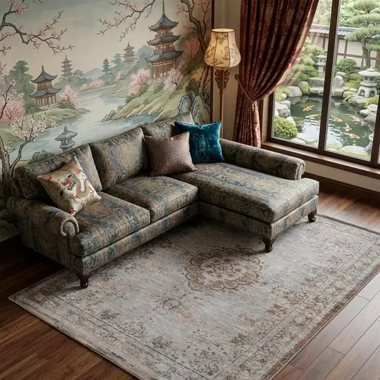 Gray and Beige Medallion Non Skid Area Rug Photo 1