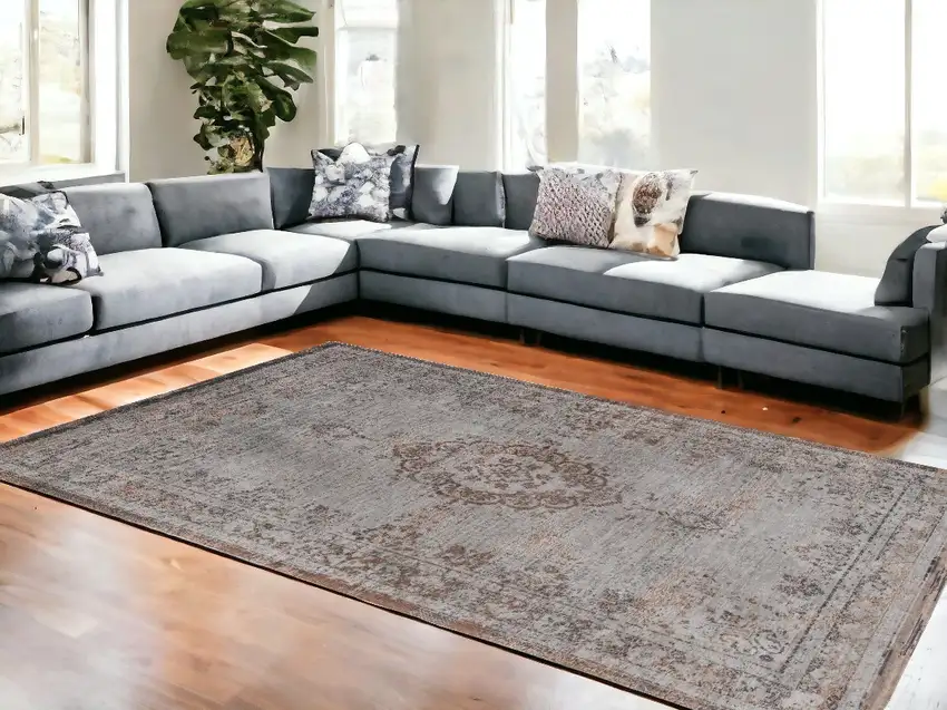 Gray and Beige Medallion Non Skid Area Rug Photo 1