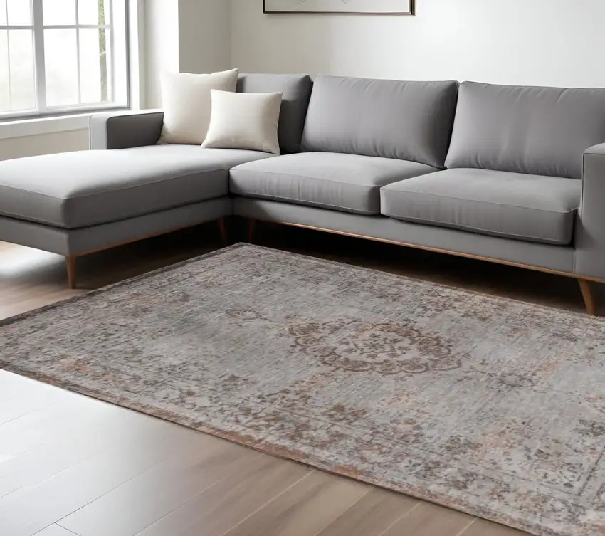 Gray and Beige Medallion Non Skid Area Rug Photo 1