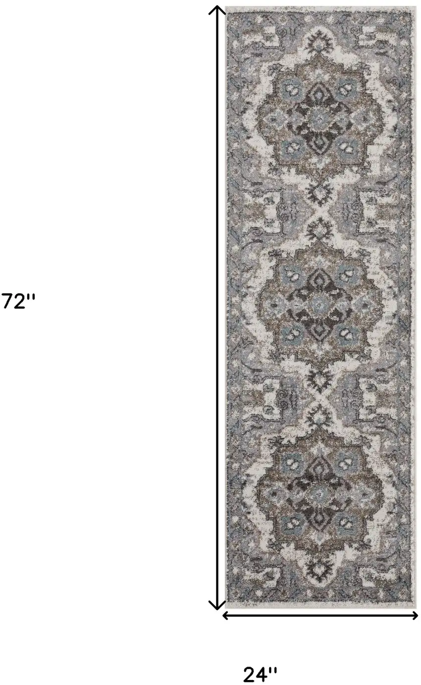 Gray and Beige Medallion Power Loom Runner Rug Photo 8