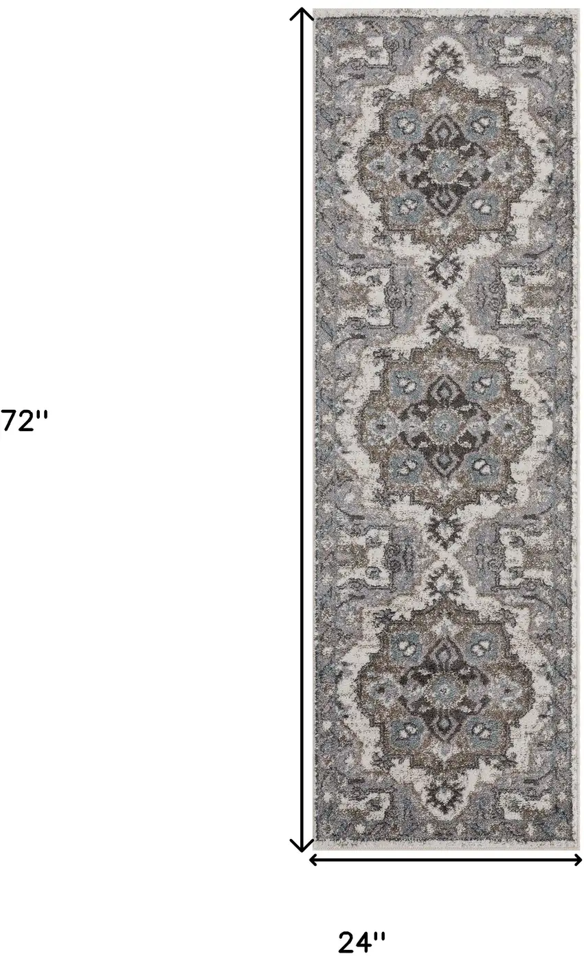 Gray and Beige Medallion Power Loom Runner Rug Photo 8