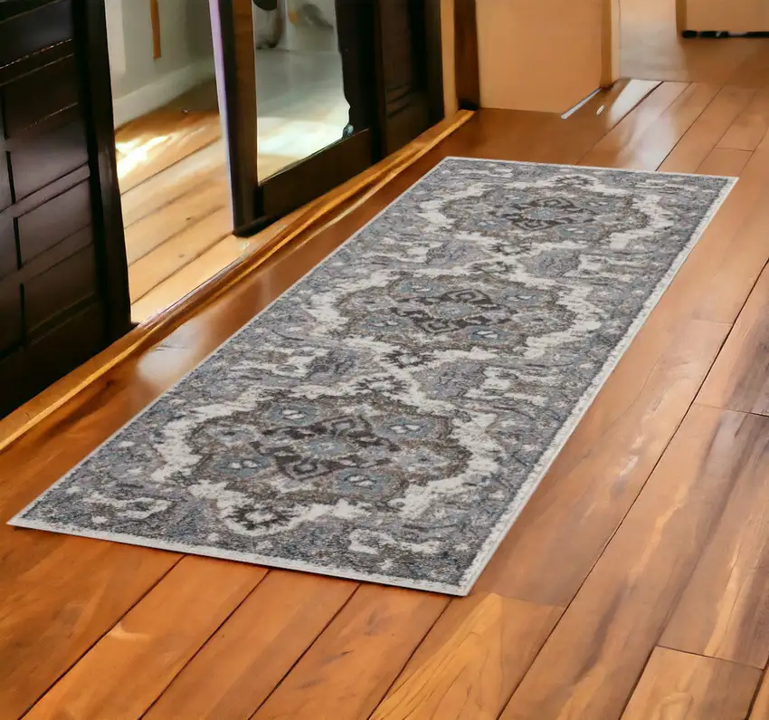 Gray and Beige Medallion Power Loom Runner Rug Photo 1