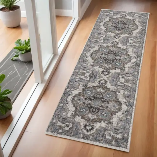 6' Ivory Taupe And Gray Medallion Runner Rug Photo 1