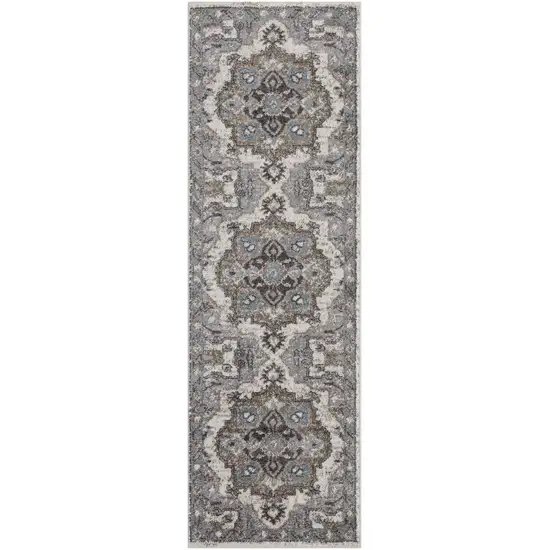 Gray and Beige Medallion Power Loom Runner Rug Photo 2