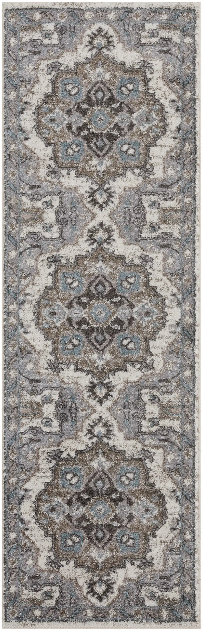 Gray and Beige Medallion Power Loom Runner Rug Photo 2
