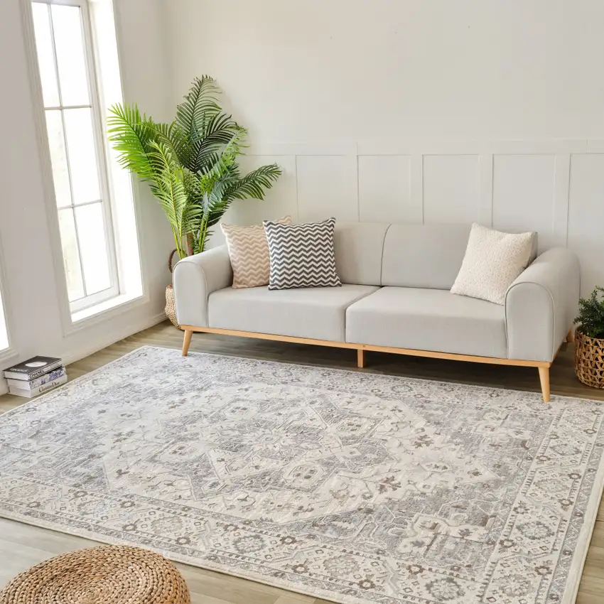 Gray and Beige Oriental Distressed Area Rug Photo 6