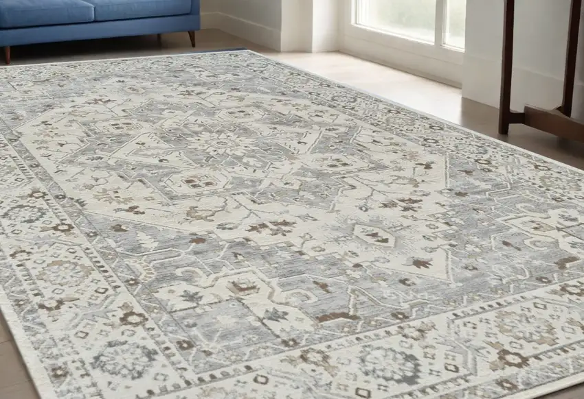 Gray and Beige Oriental Distressed Area Rug Photo 1