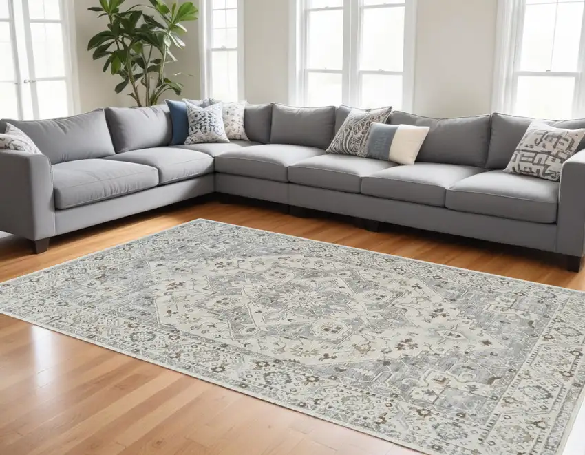 Gray and Beige Oriental Distressed Area Rug Photo 1