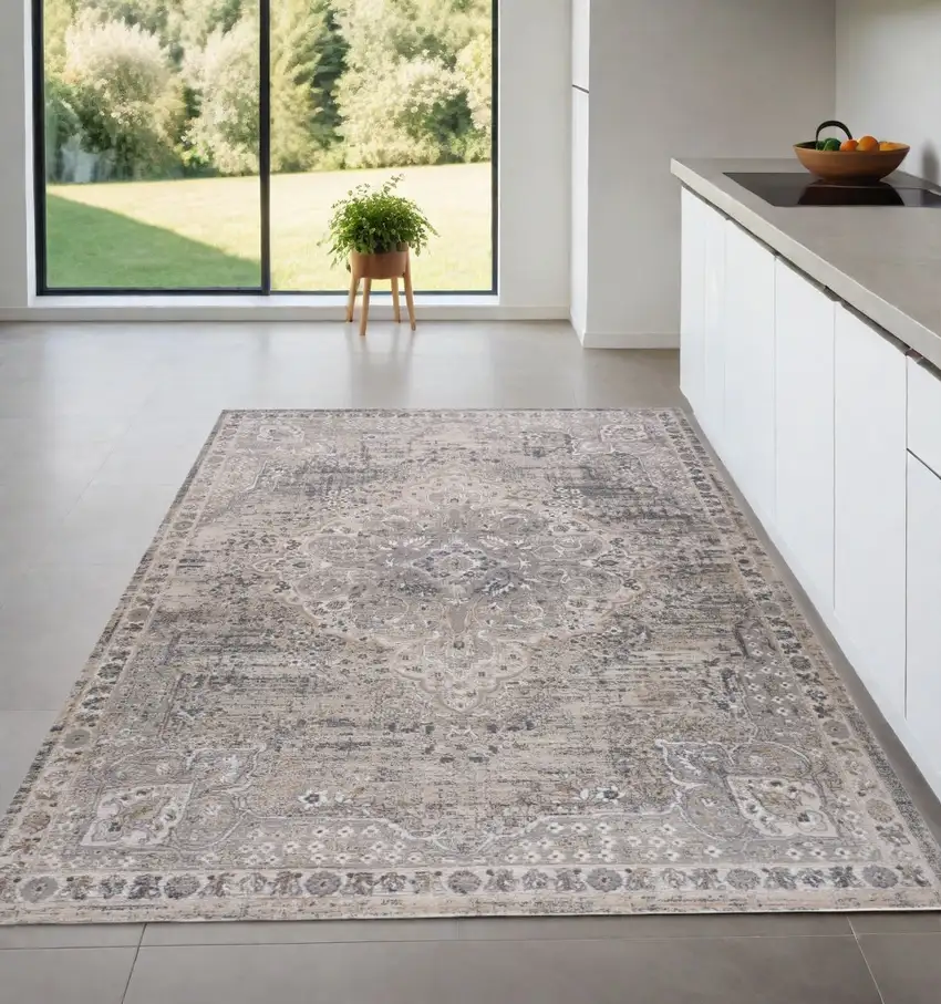 Gray and Beige Oriental Distressed Area Rug Photo 1