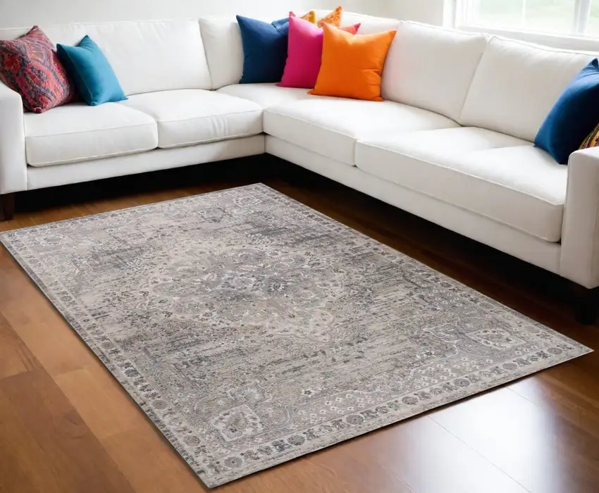 Gray and Beige Oriental Distressed Area Rug Photo 1