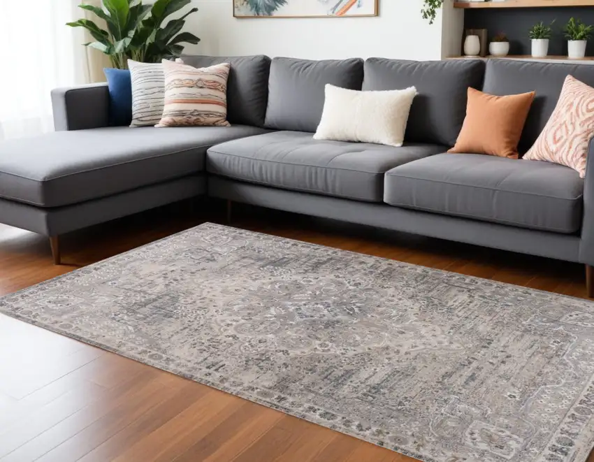 Gray and Beige Oriental Distressed Area Rug Photo 1