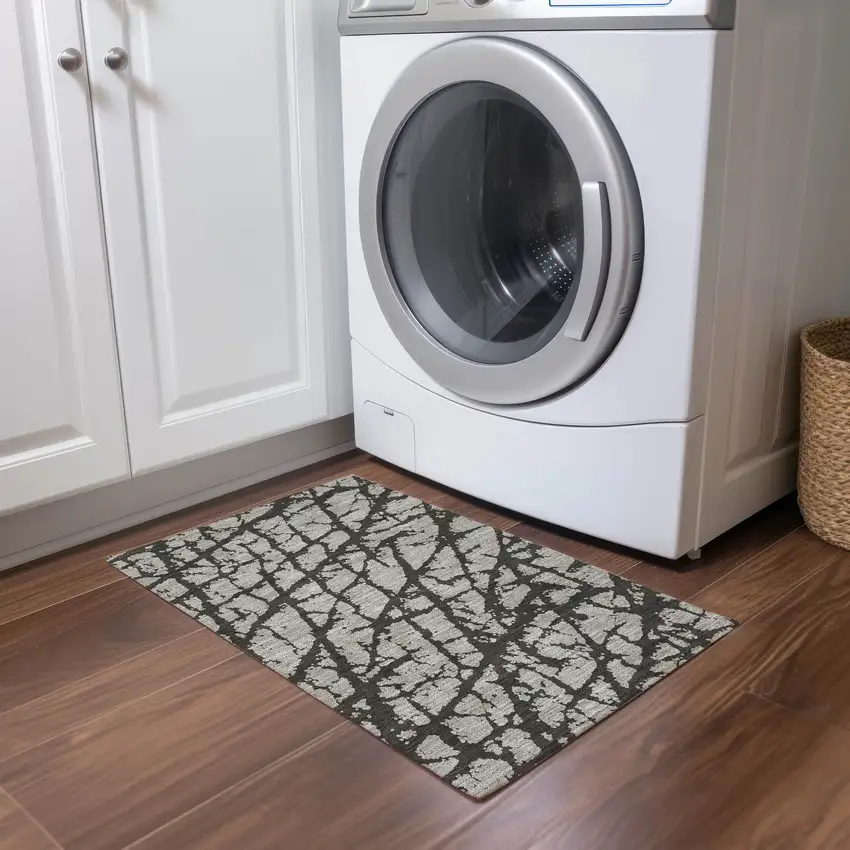 Gray and Black Abstract Washable Non Skid Indoor Outdoor Area Rug Photo 9