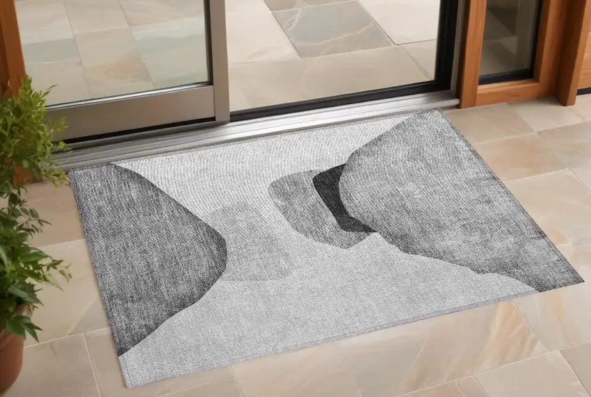 Gray and Black Abstract Washable Non Skid Indoor Outdoor Area Rug Photo 1