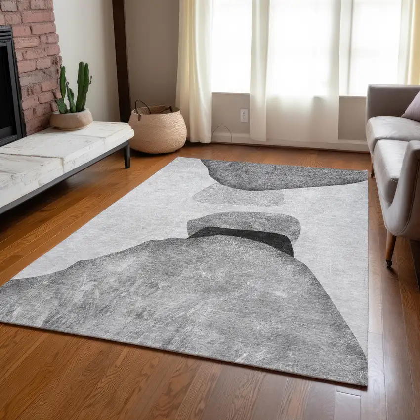 Gray and Black Abstract Washable Non Skid Indoor Outdoor Area Rug Photo 9