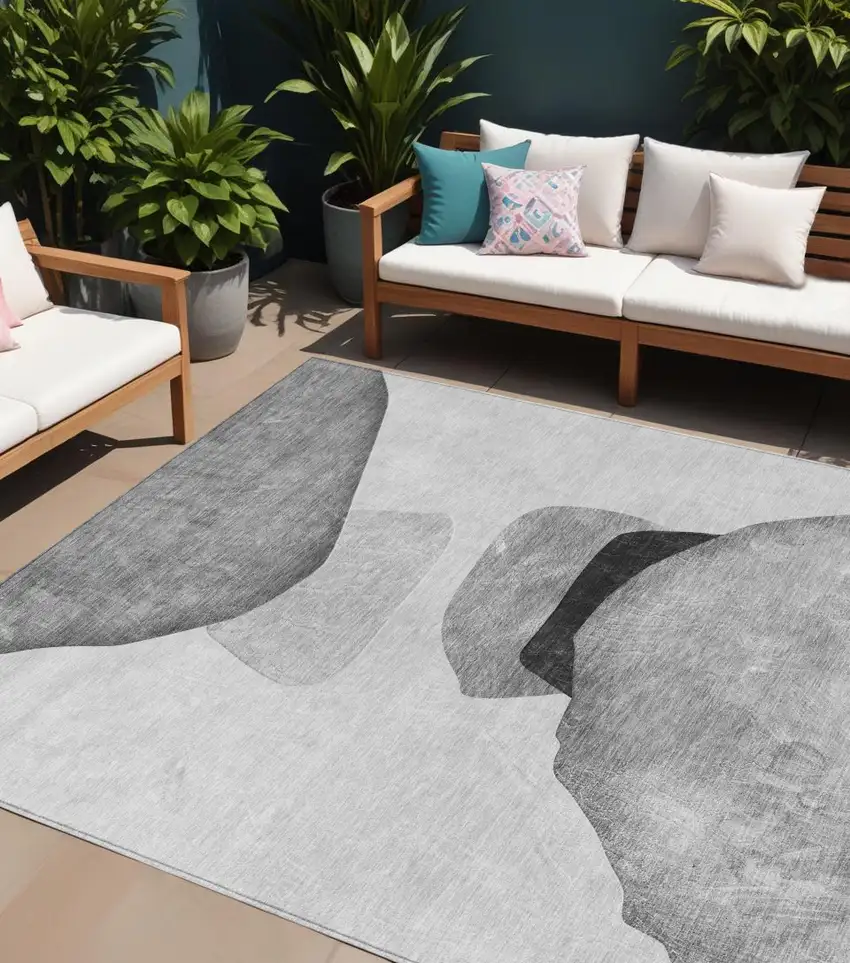 Gray and Black Abstract Washable Non Skid Indoor Outdoor Area Rug Photo 1