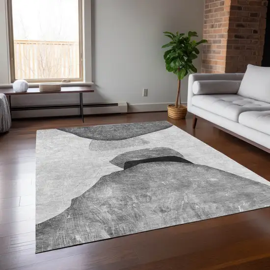 Gray and Black Abstract Washable Non Skid Indoor Outdoor Area Rug Photo 7