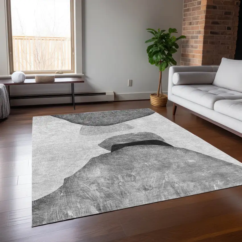 Gray and Black Abstract Washable Non Skid Indoor Outdoor Area Rug Photo 7