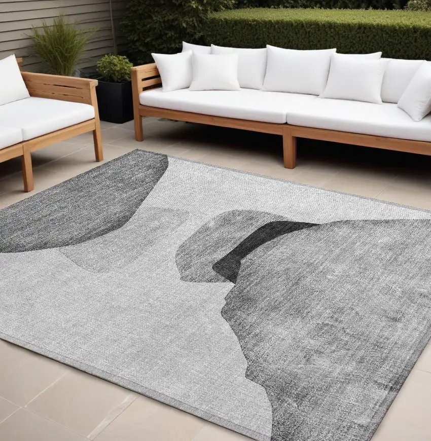 Gray and Black Abstract Washable Non Skid Indoor Outdoor Area Rug Photo 1