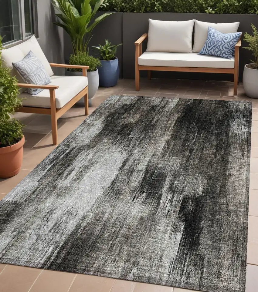 Gray and Black Abstract Washable Non Skid Indoor Outdoor Area Rug Photo 1