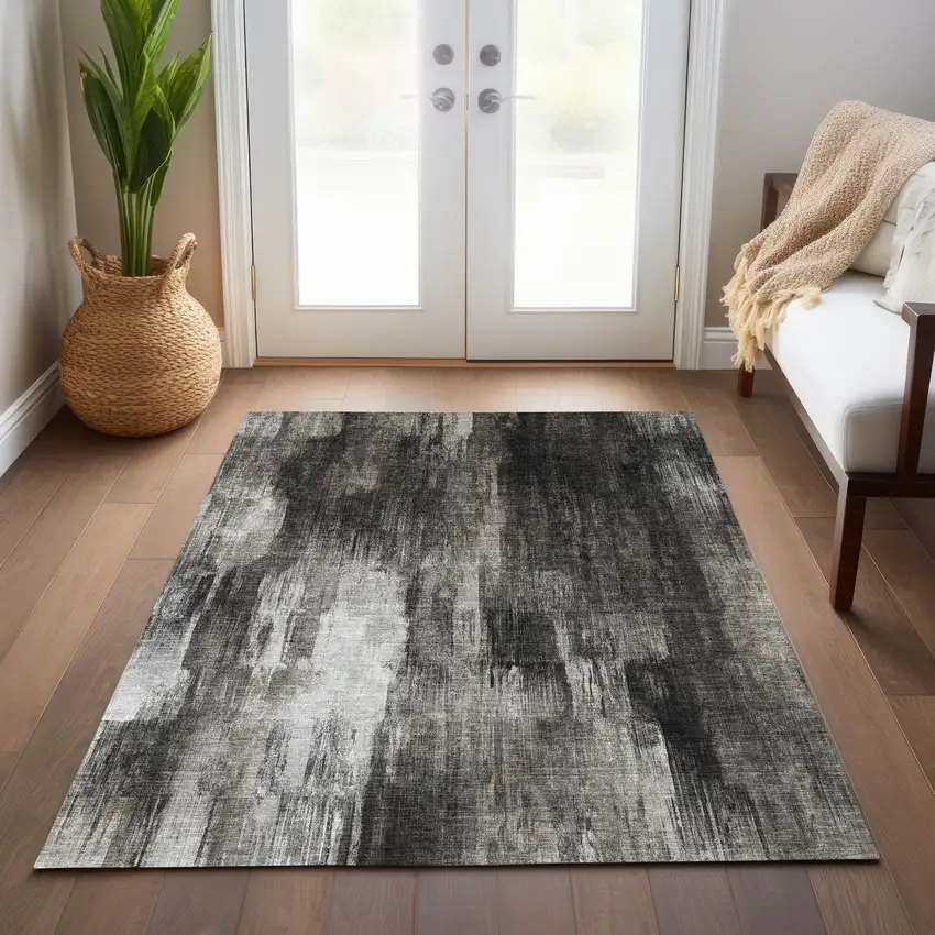 Gray and Black Abstract Washable Non Skid Indoor Outdoor Area Rug Photo 9