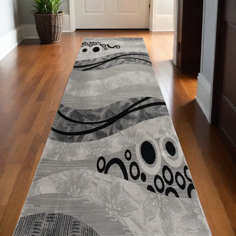 Gray and Black Abstract Waves Runner Rug Photo 1