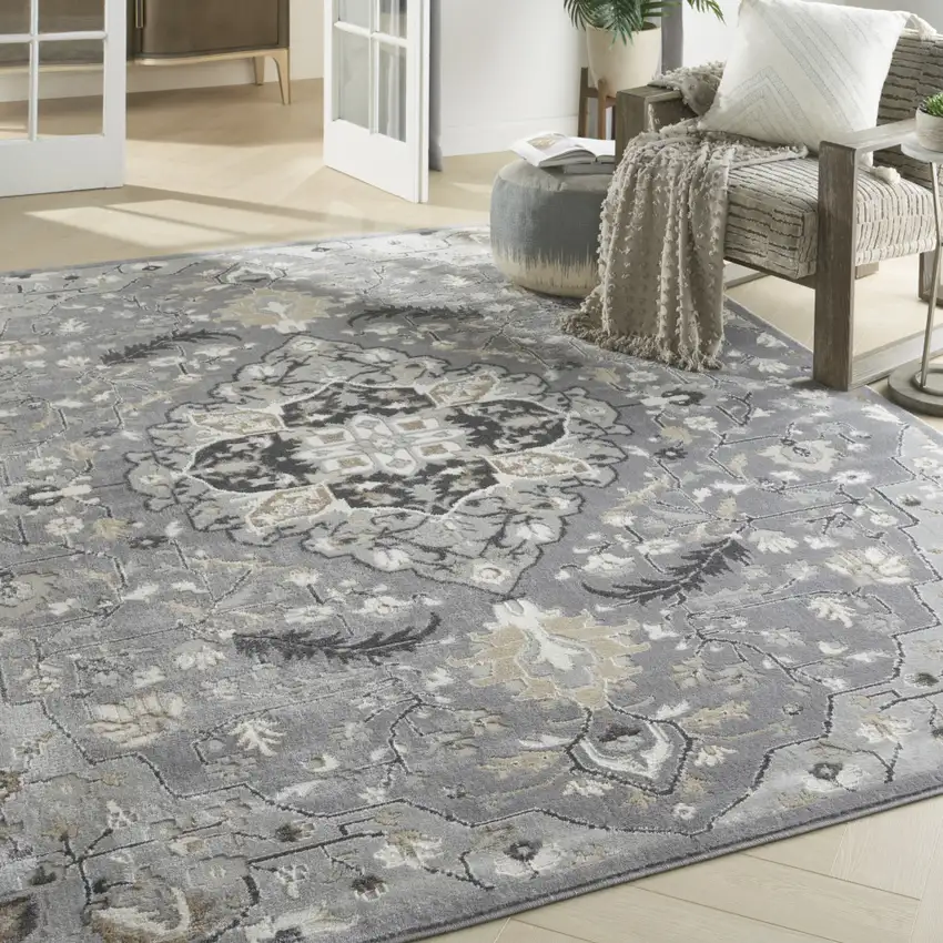 Gray and Black Floral Medallion Non Skid Area Rug Photo 4