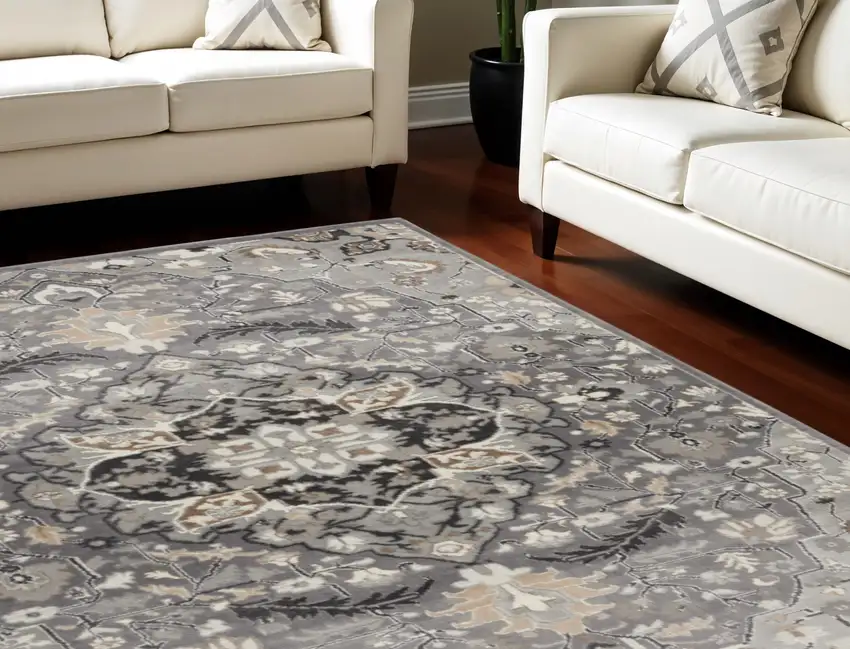 Gray and Black Floral Medallion Non Skid Area Rug Photo 1