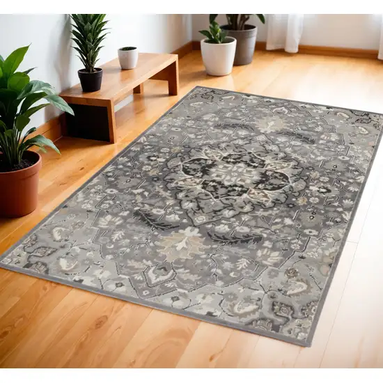 Gray and Black Floral Medallion Non Skid Area Rug Photo 1
