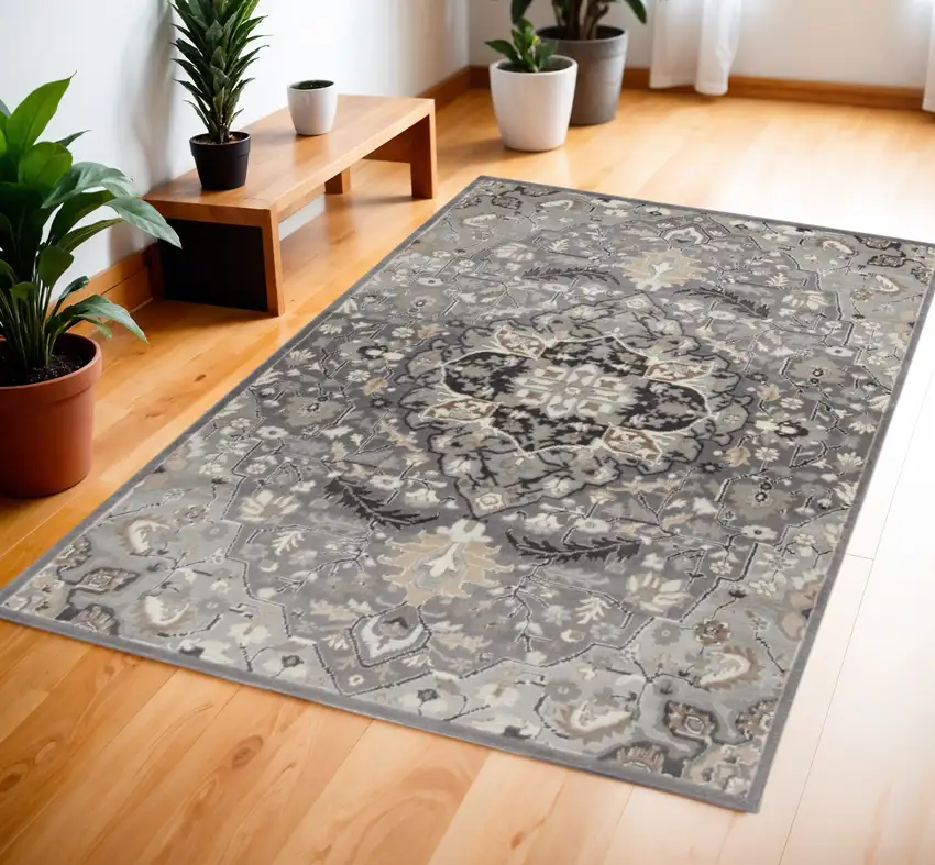 Gray and Black Floral Medallion Non Skid Area Rug Photo 1