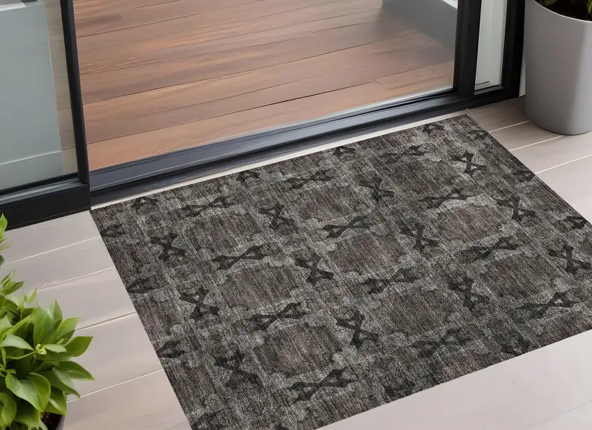 Gray and Black Floral Medallion Washable Non Skid Indoor Outdoor Area Rug Photo 1