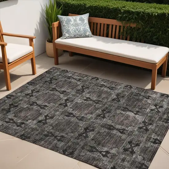 Gray And Black Floral Medallion Washable Indoor Outdoor Area Rug Photo 1