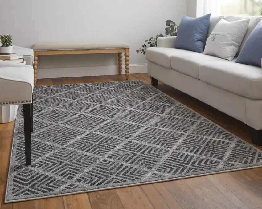 Gray and Black Geometric Power Loom Worn Faded Area Rug Photo 9