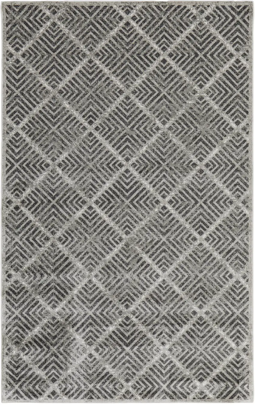 Gray and Black Geometric Power Loom Worn Faded Area Rug Photo 1