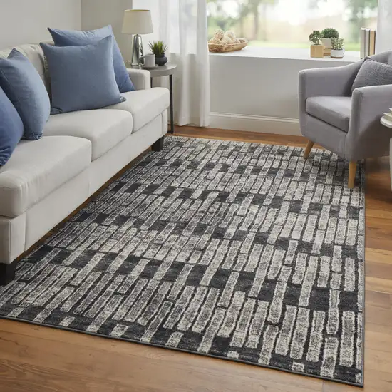 Gray and Black Geometric Power Loom Worn Faded Area Rug Photo 9