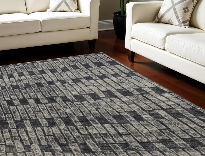 Gray and Black Geometric Power Loom Worn Faded Area Rug Photo 1