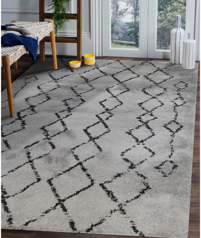 Gray and Black Geometric Shag Area Rug Photo 5